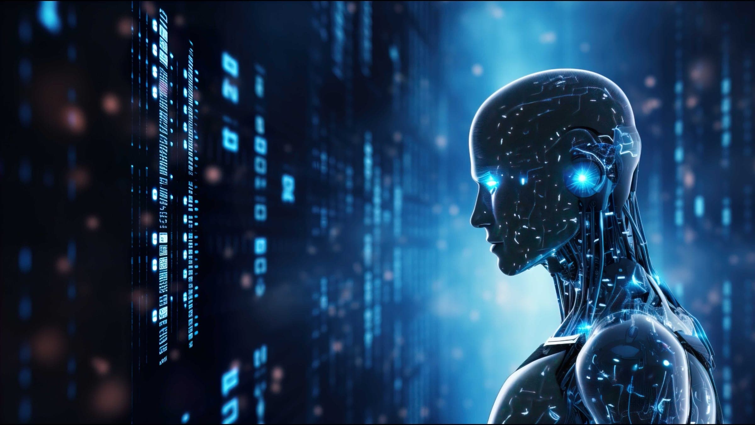 A humanoid robot in profile against columns of glowing symbols