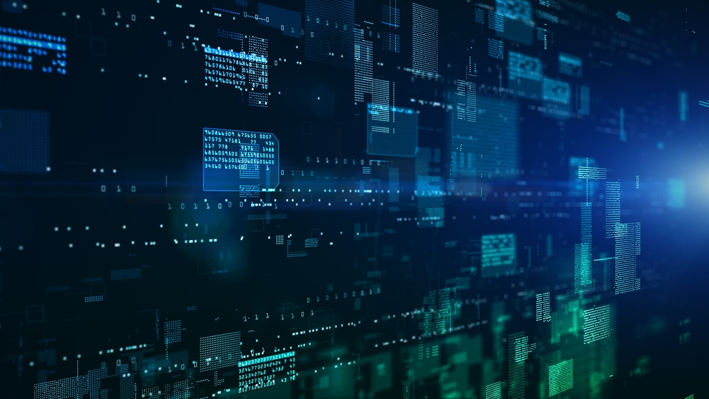 Abstract render of a field of data blocks lit in blue and teal