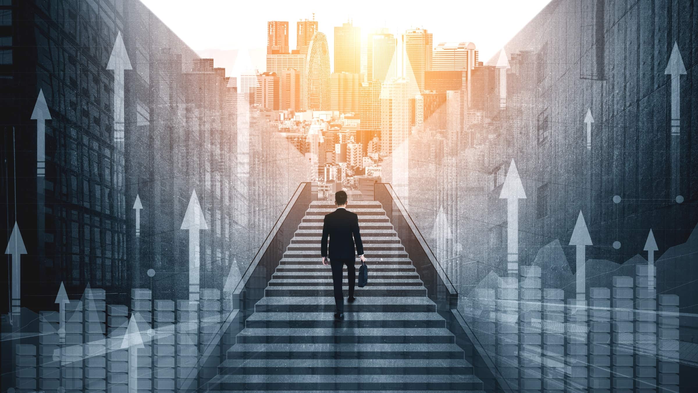 A figure climbing a staircase towards a sunlit city skyline