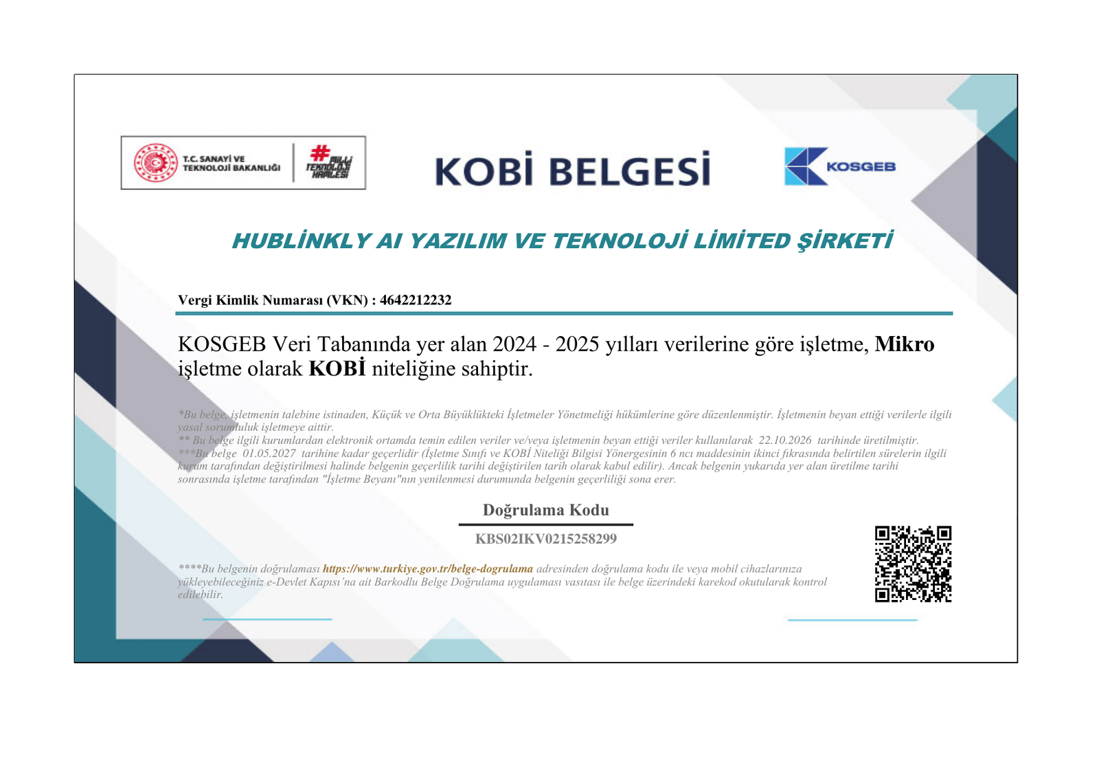 KOBİ Belgesi — page 1 of the certificate