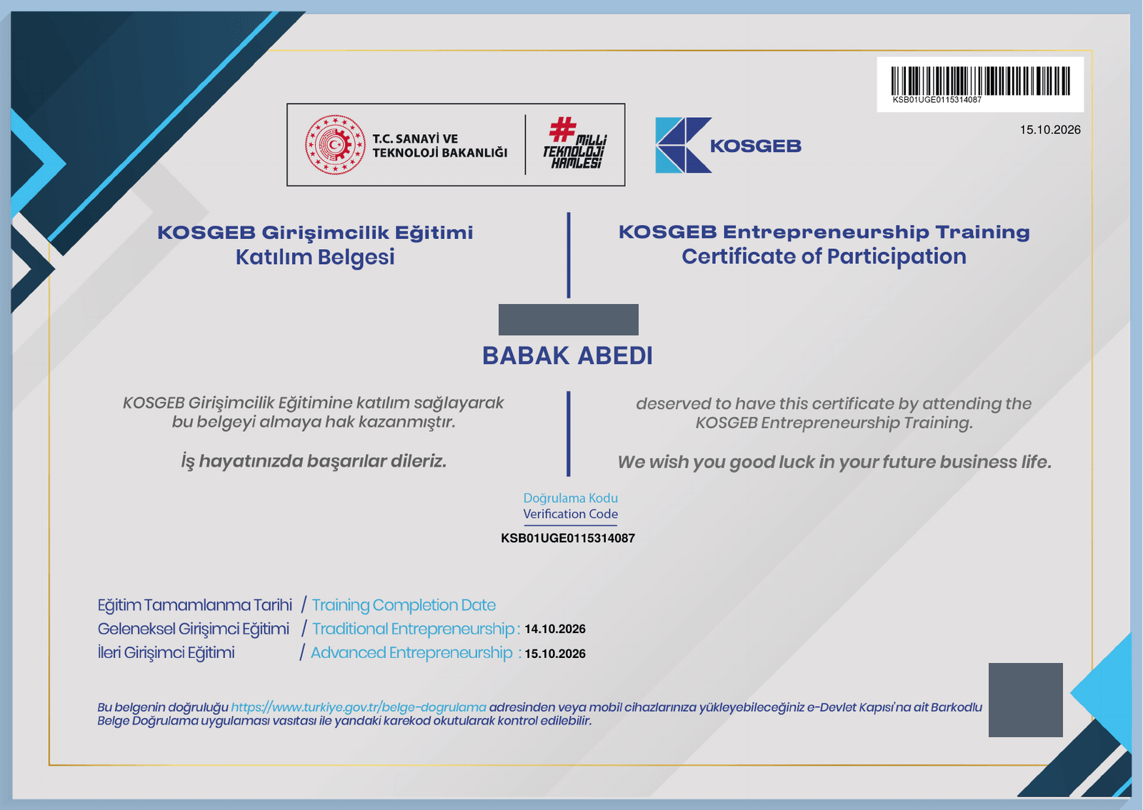 KOSGEB Girişimcilik Eğitimi — page 1 of the certificate