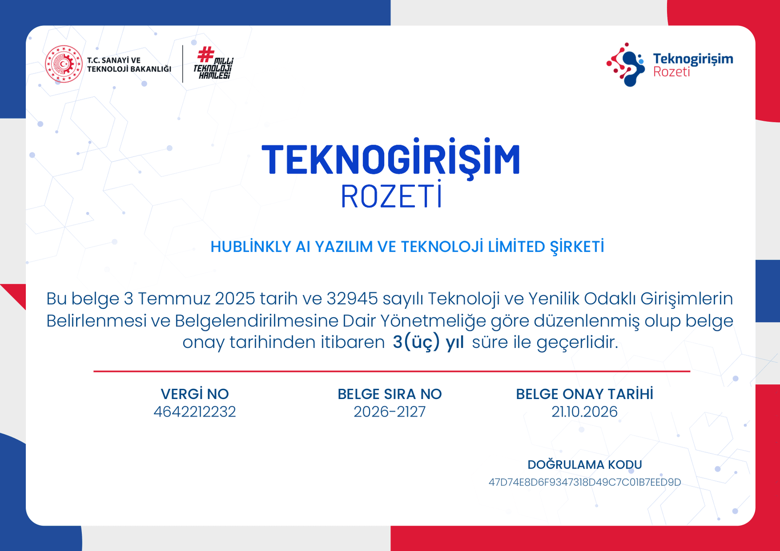 Teknogirişim Rozeti — page 1 of the certificate