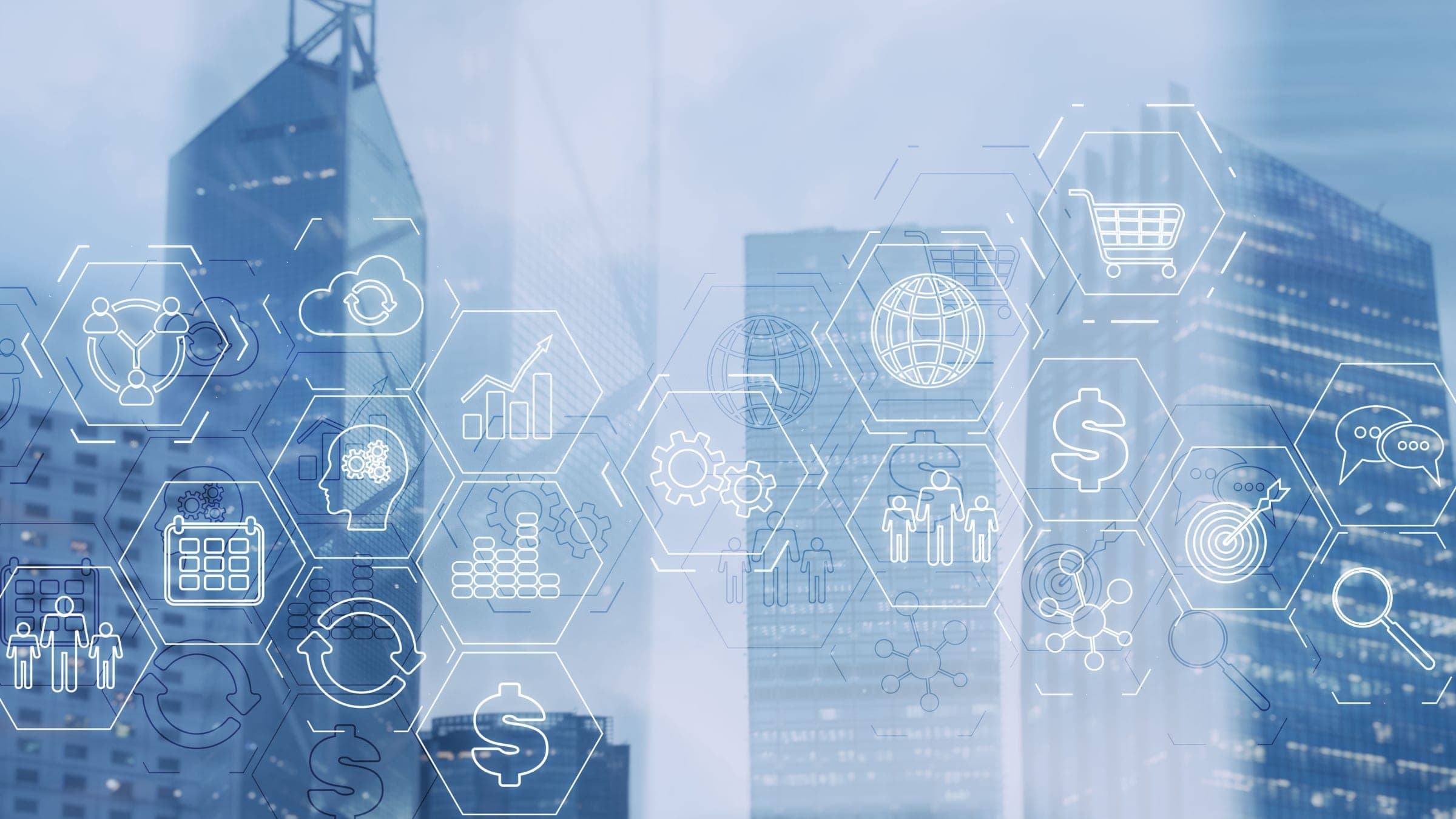 Glass office towers overlaid with outlined commerce icons
